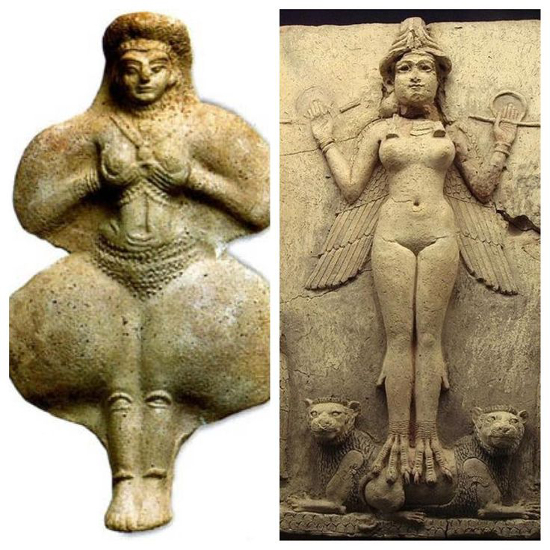 Side-by-side comparison pictures of two ancient fertility symbols from different cultures. Both are depictions of goddesses, one is with certain animal features including wings and talons for feet, the other image has exaggerated broad hips and is holding up her breasts.