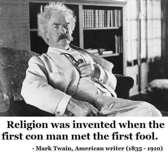 A portrait of Samuel Clemens, a.k.a. Mark Twain, seated and captioned explaining the invention of religion.