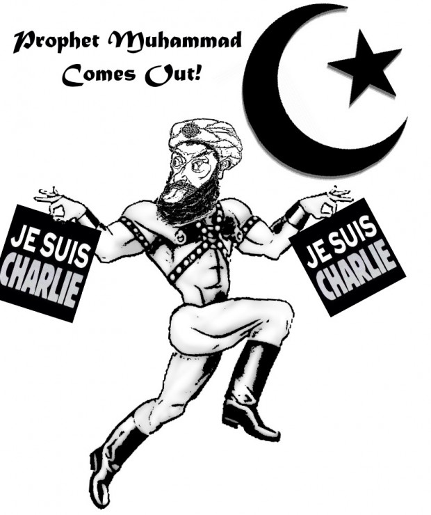 Je Suis Charlie, this political cartoon appeared right after the terrorist attacks on the French magazine Charlie Hebdo's staff. It depicts the Islamic prophet Mohammad skipping along wearin leather harness and boots but no other clothes and he's gingerly tolding cards that read "Je Suis Charlie" which means "I am Charlie". This was a slogan used to show support for the friends and family of the employees who were murdered.