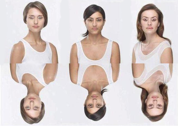 A picture of three women with certain features altered so they appear normal when seen upside down, but appear strikingly strange rightside up. This illustrates the concept of different angles of view, different perspectives.