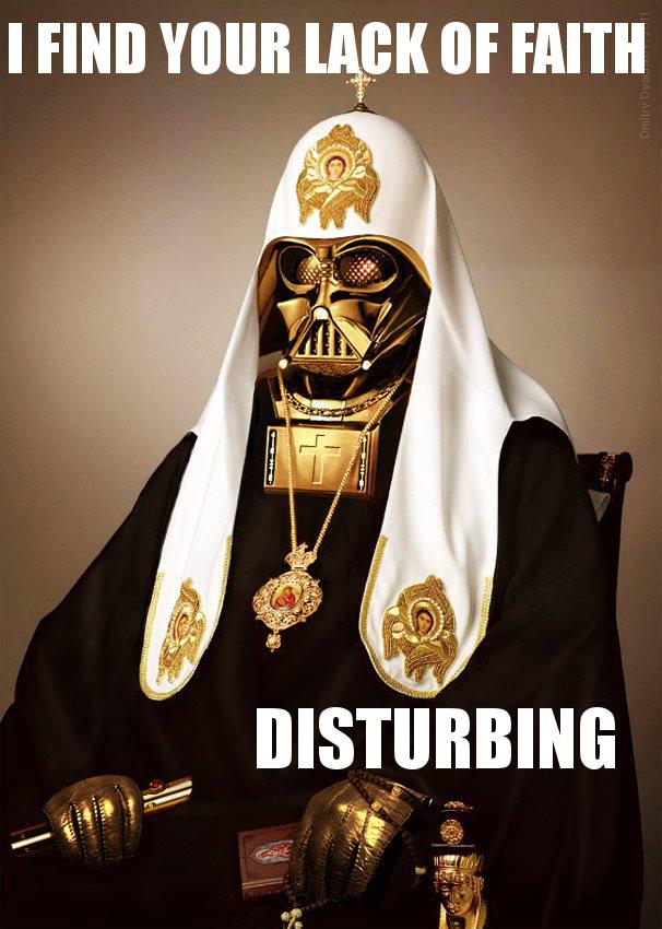 Darth Vader dressed up as the Catholic Pope says "I find your lack of faith disturbing".