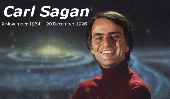 A portrait of American astronomer Carl Sagan, with an image of a galaxy as backdrop.