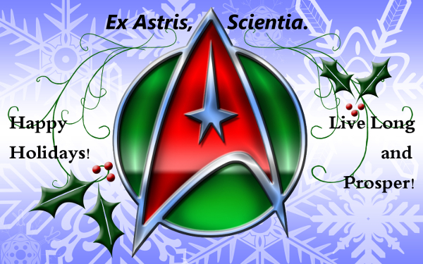 Starfleet emblem from Star Trek, in holiday colors, green, blue, white, and red. The Starfleet motto appears at top "Ex Astra, Scientia", also "Live Long and Prosper".